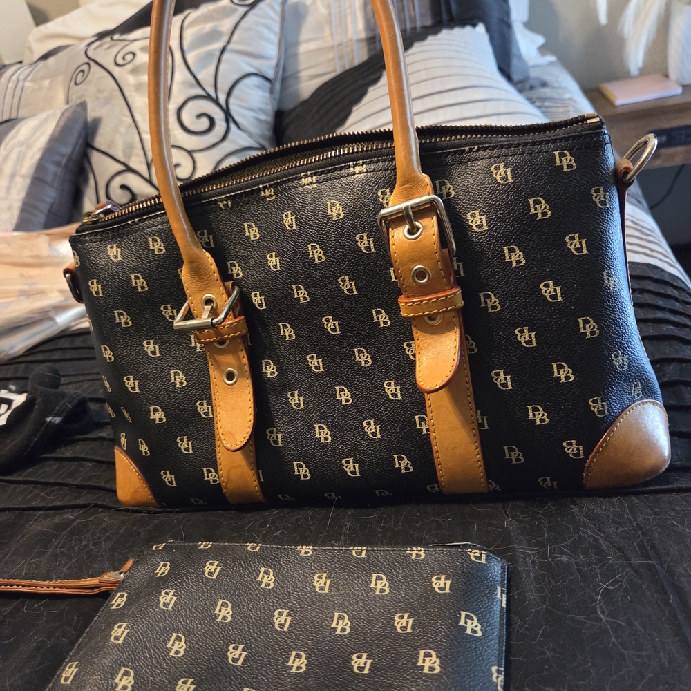 Dooney & Bourke Navy and Gold Handbag with Matching Pouch